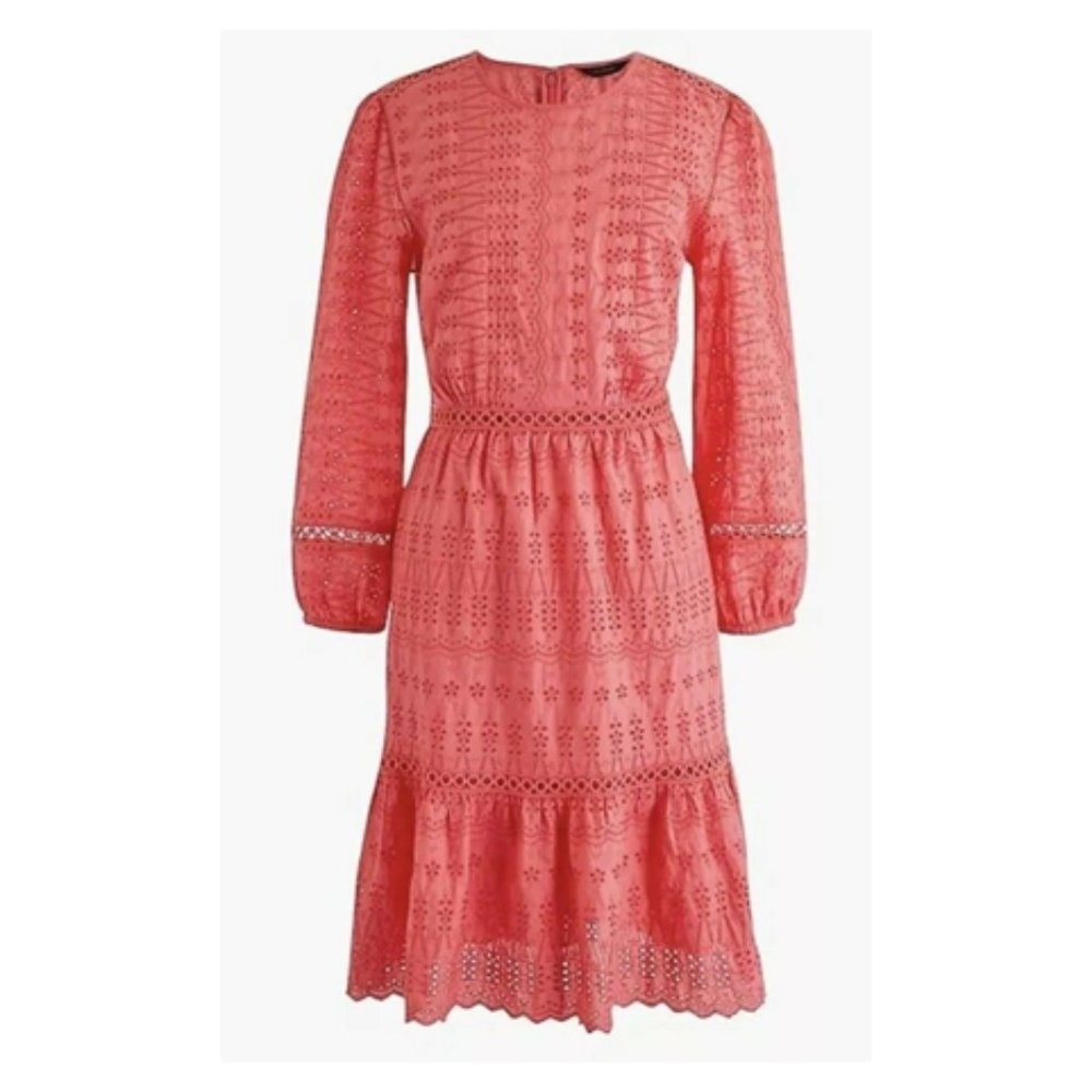 J Crew Dress Womens 10 Coral Pink Eyelet Lace Prairie Peasant Cottage Core EUC